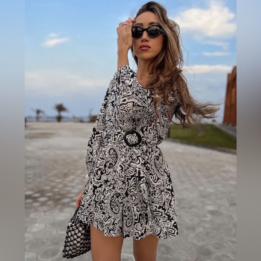NWT Zara Elegant Black and White Paisley Dress Sz M